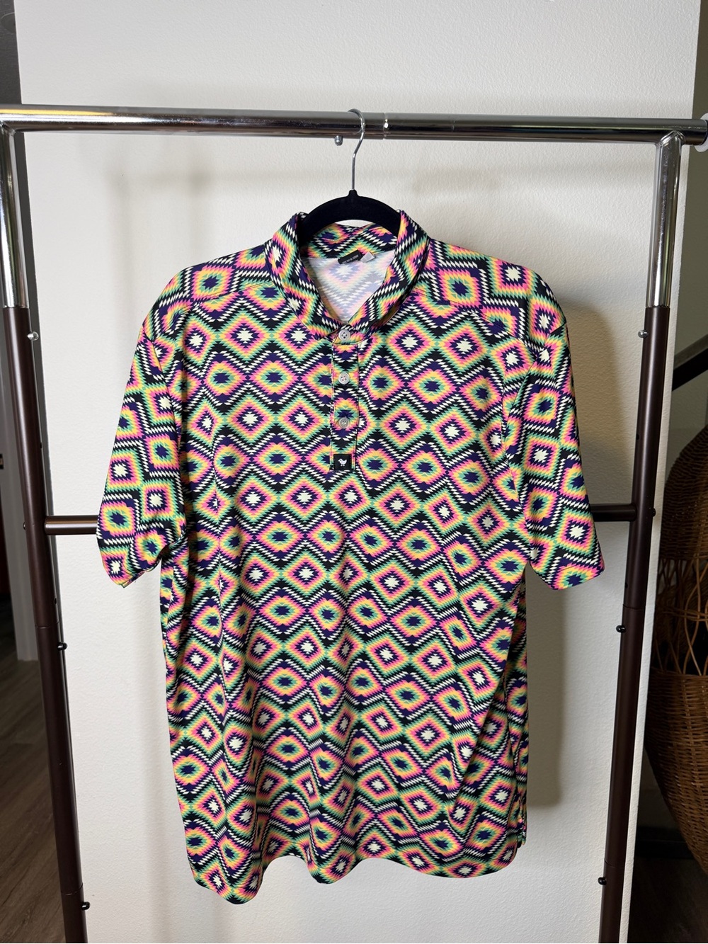 Bad birdies, Men’s Golf Polo, Large, Colorful Geometric Performance Shirt